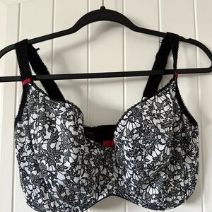 Elomi 34K Elegant Black and White Lace Bra with Pink Bow Details